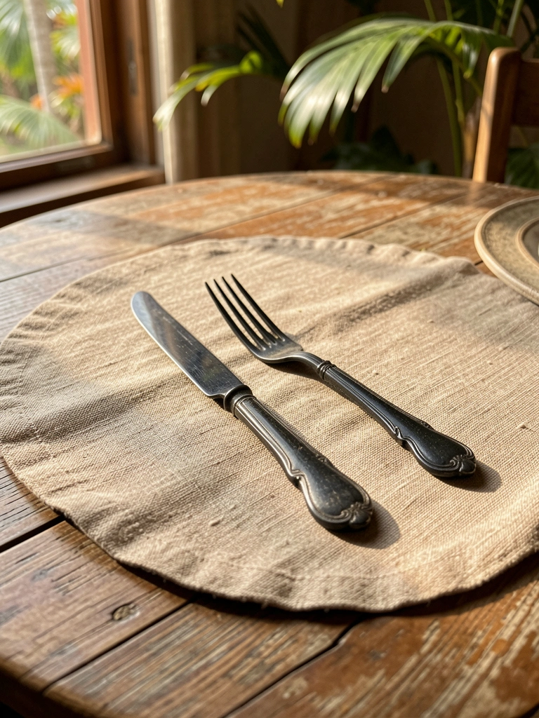 Toalha de mesa redonda em linho bege sobre madeira envelhecida, com talheres pretos antigos refletindo luz natural que entra pela janela.