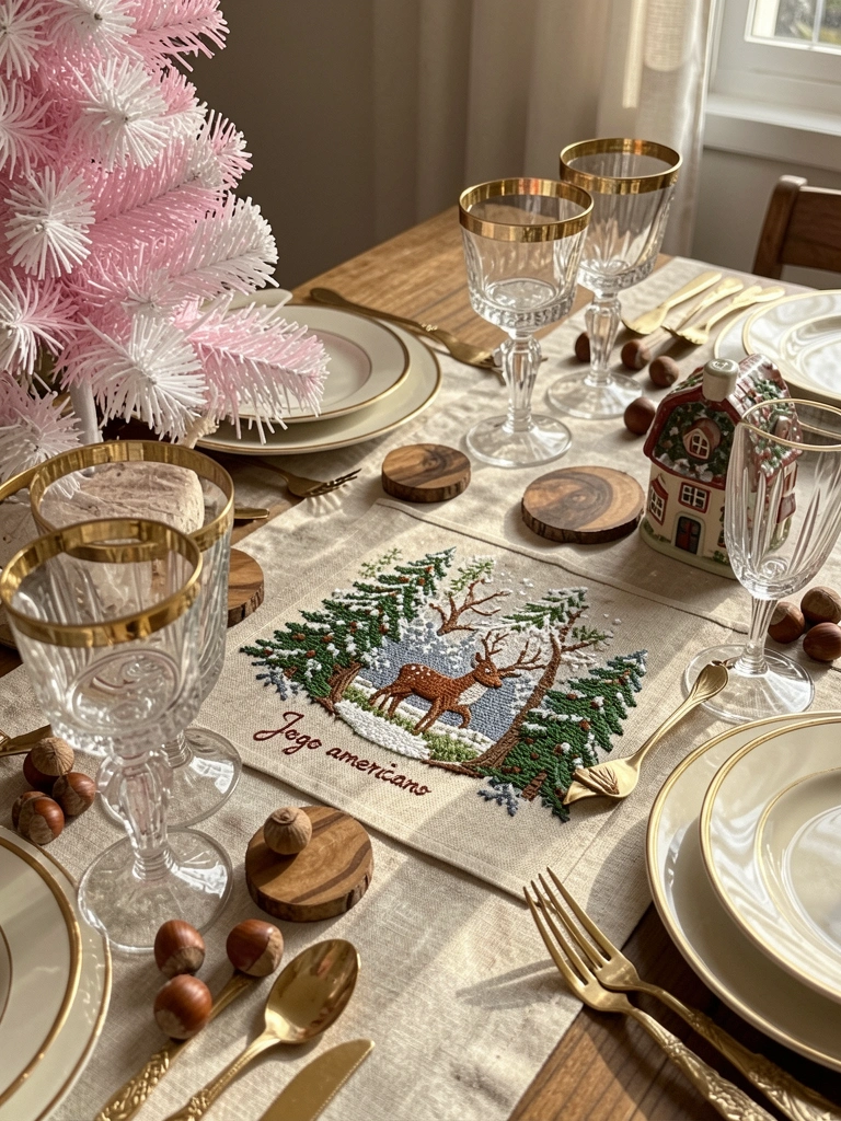 Mesa de madeira com jogo americano bordado em cena de inverno, taças com borda dourada, talheres dourados e pinheiro rosa e branco à esquerda, sob luz natural suave.