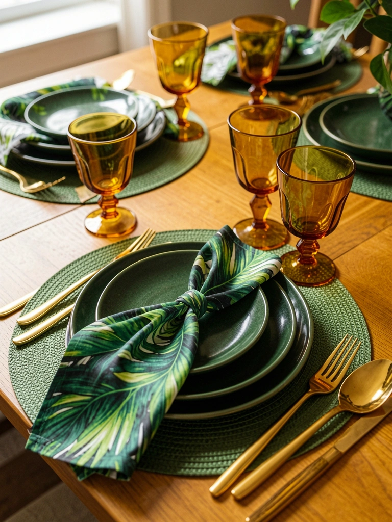 Mesa de madeira mel com pratos verdes escuros, copos âmbar e talheres dourados, luz natural suave.
