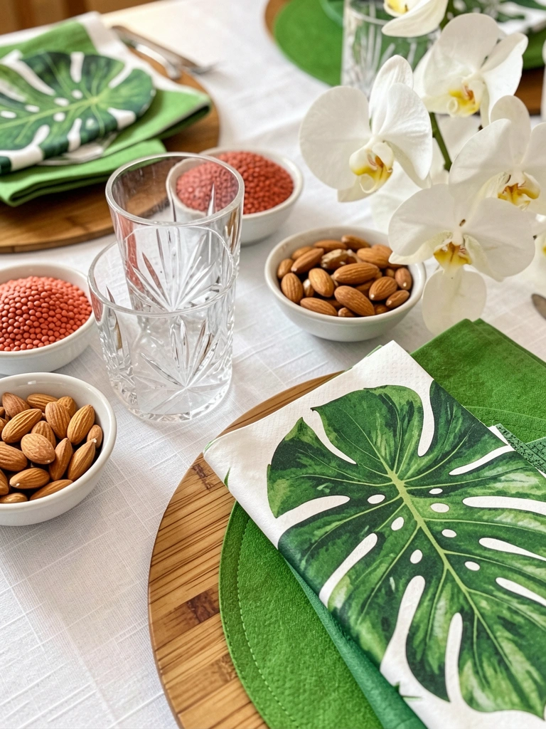 Toalha de linho branca, guardanapo com estampa de monstera, copo de cristal e tigelas de lentilha sob luz natural suave.
