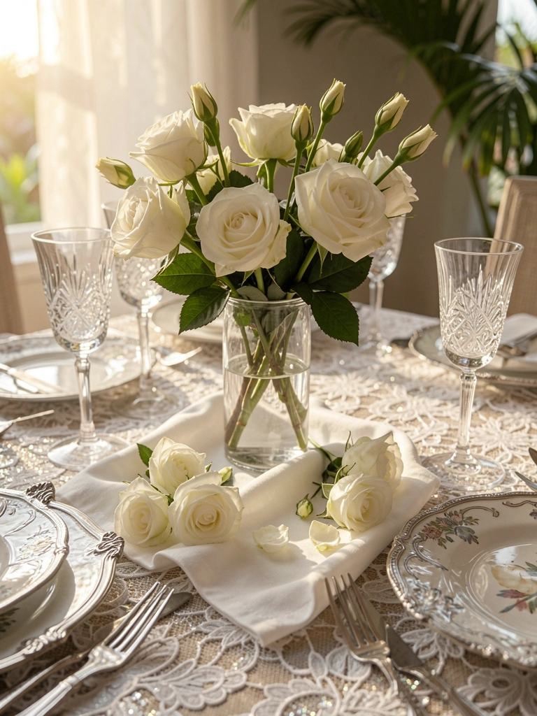 Mesa posta com toalha de renda, buquê de rosas brancas em vaso de vidro e taças de cristal, luz natural refletindo na superfície.