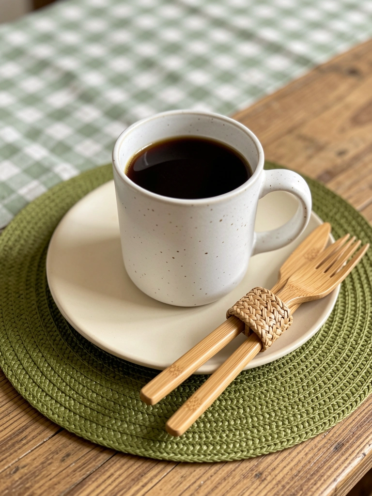 Caneca de cerâmica branca com café sobre descanso de prato creme e jogo americano verde musgo; talheres de bambu e toalha xadrez ao fundo.