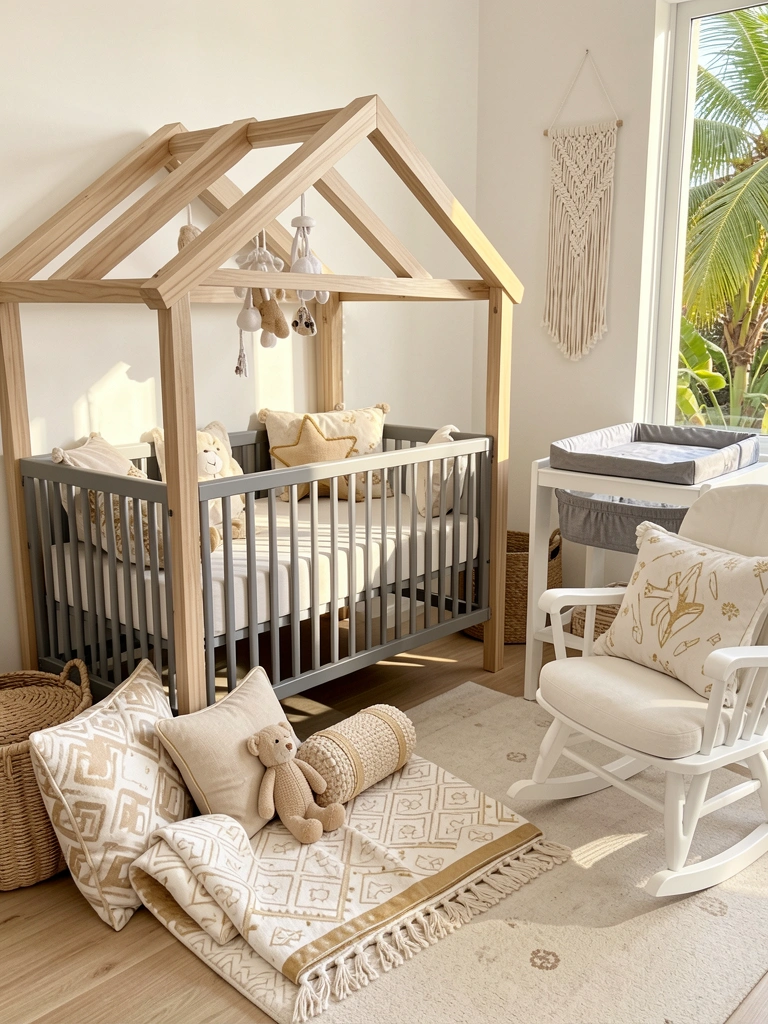 Nursery branco com casinha de madeira, berço cinza e poltrona branca; almofadas bege e douradas sobre o berço; macramê e cesto de palha ao fundo, luz natural.