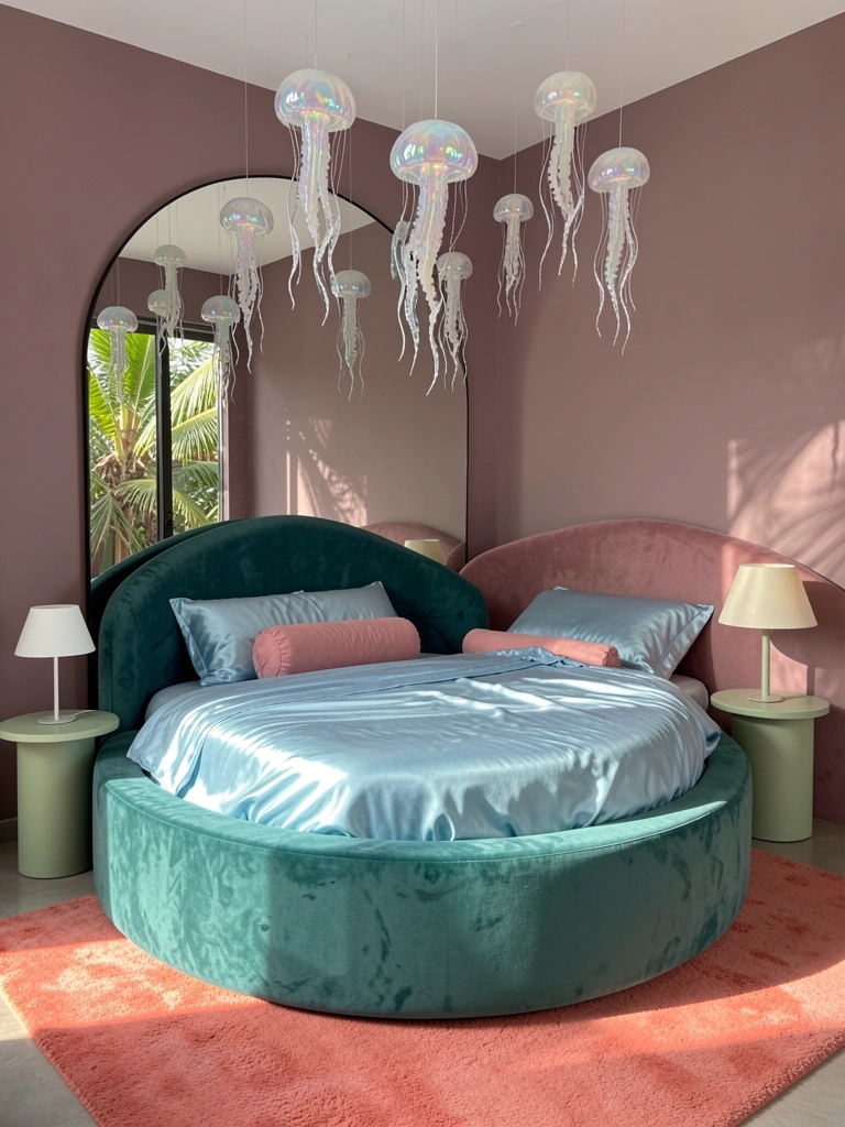 Cama redonda de veludo verde-água com roupa de cama azul claro e travesseiro rosa, lâmpada em mesa lateral verde-clara, tapete coral e móbiles de água-viva iridescentes pendurados no teto, luz tropical filtrada.