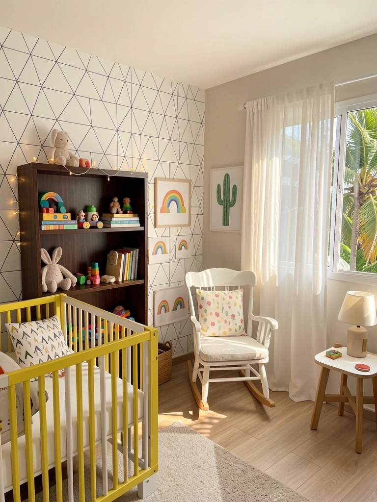 Prateleira escura com brinquedos coloridos, coelho de pelúcia e luzes de fada sobre berço listrado amarelo e branco, parede geométrica branca e luz natural.