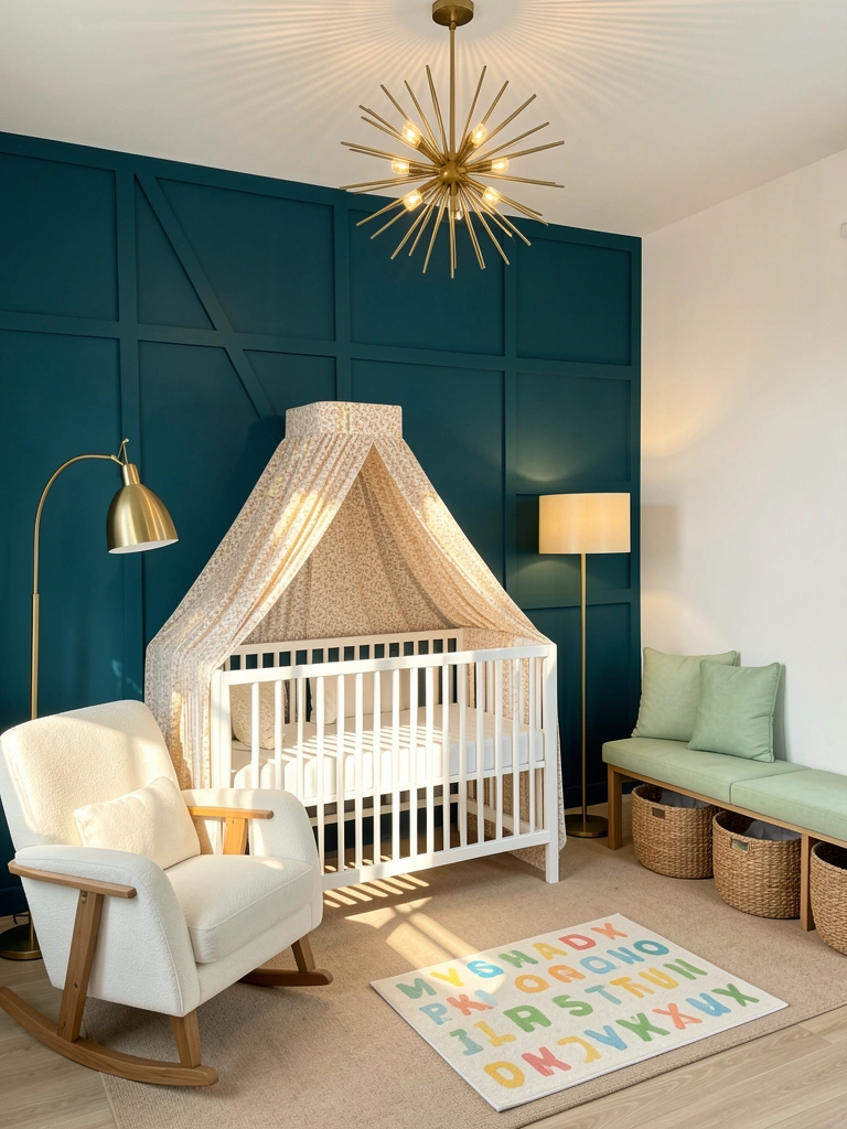 Parede azul-petróleo com painéis geométricos, berço branco com dossel, luminária dourada e poltrona branca em quarto iluminado.