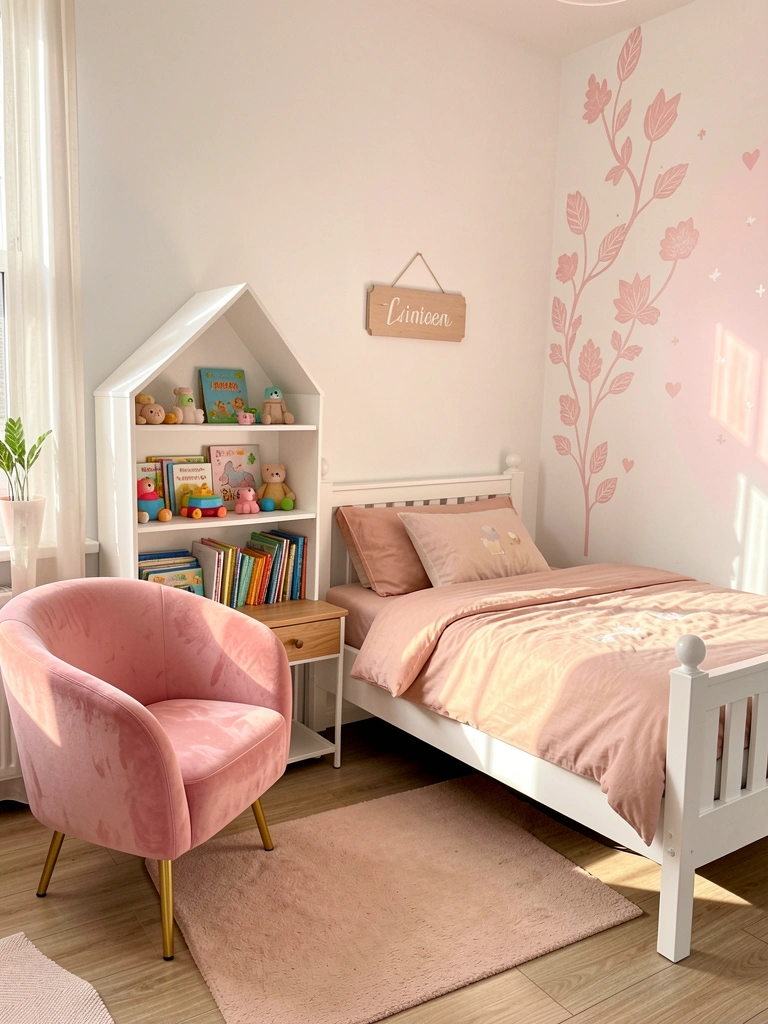 Poltrona de veludo rosa com pés dourados, cama de madeira branca com roupa de cama blush e estante em forma de casa com livros e brinquedos coloridos, luz natural entrando.