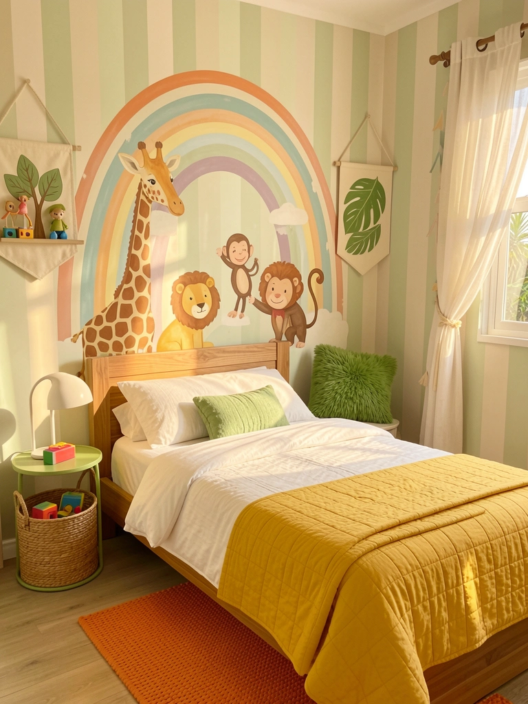 Parede listrada verde-claro e bege com mural de arco-íris, girafa, leão e macaco; cama de madeira com colcha amarela, mesinha redonda verde com lampada, cesto de vime com brinquedos.