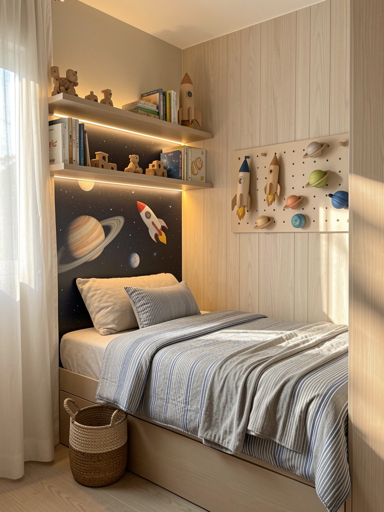 Quarto infantil com cama embutida, mural de estrelas, planetas e foguete, iluminado por luzes LED quentes; colcha listrada azul e cinza sobre almofada clara, brinquedos de madeira em prateleiras.