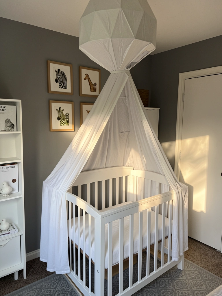 Berço branco com dossel e lanterna de papel geométrica, molduras de animais na parede, luz natural suave.