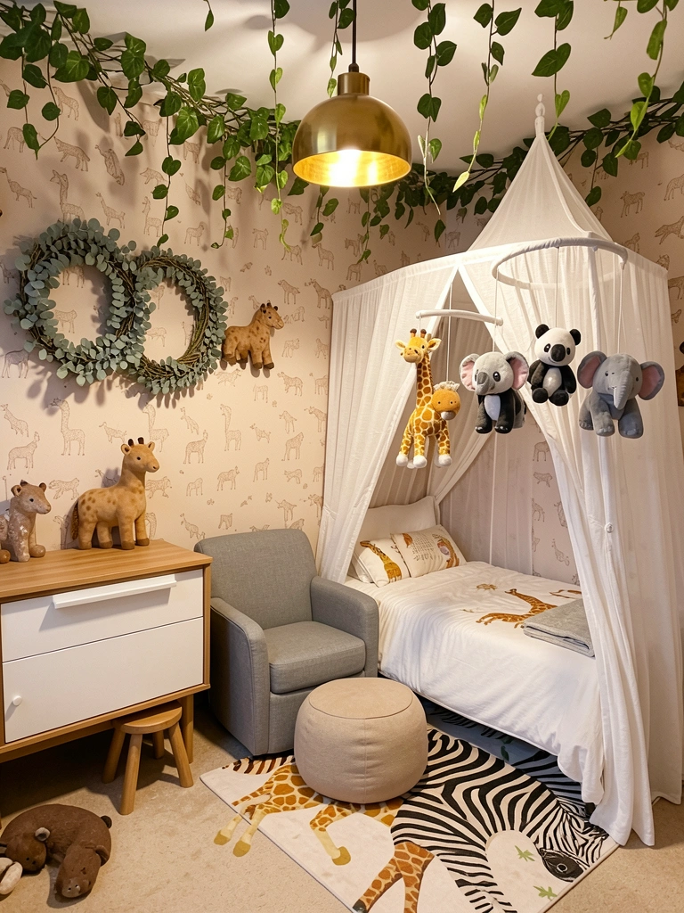 Quarto infantil com papel de parede bege e estampa animal, cama com dossel branco, tapete de girafa e zebra, e móbile de bichos de pelúcia.