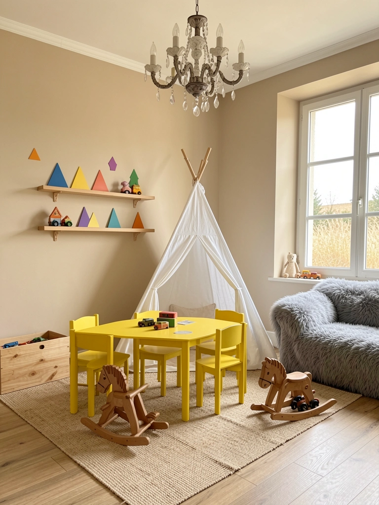 Tenda branca, prateleira de madeira com adesivos geométricos coloridos, mesa e cadeiras infantis amarelas, sofá cinza felpudo e lustre decorativo em quarto infantil com luz natural difusa.