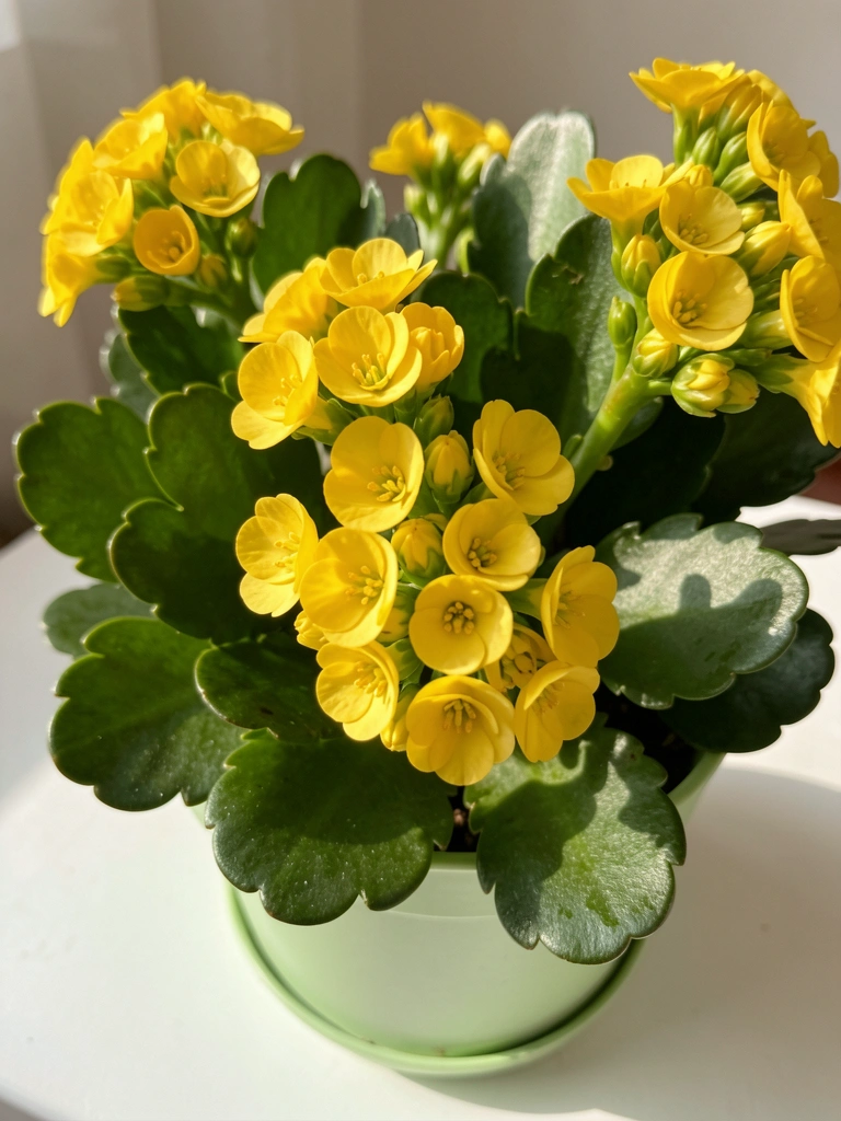 Vaso verde claro com Kalanchoe de flores amarelas vibrantes e folhas verdes, luz natural suave, branco ao fundo.