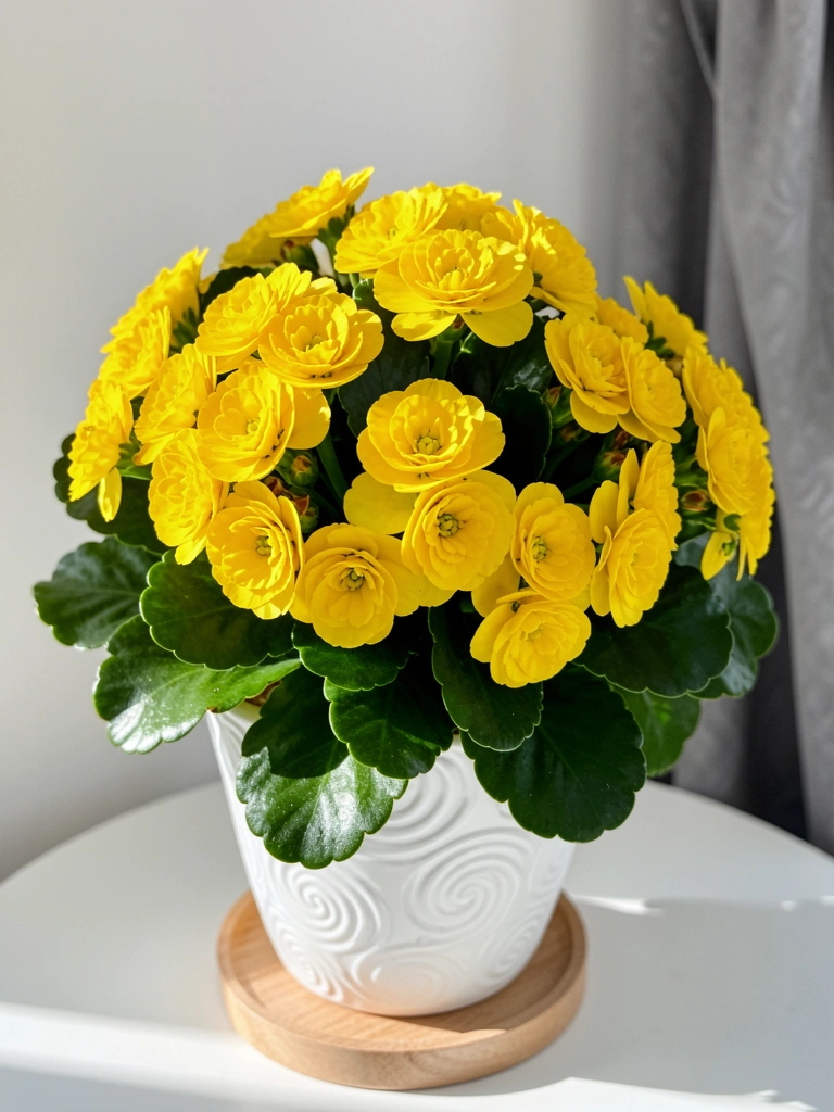 Vaso branco texturizado com kalanchoes amarelos vibrantes e folhas verdes brilhantes sobre base de madeira clara, luz natural.