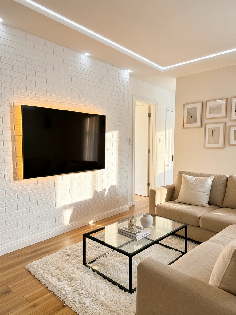 TV LED em parede de tijolos brancos, sofá bege, mesa de vidro com estrutura preta e tapete felpudo, luz natural e de fitas LED.