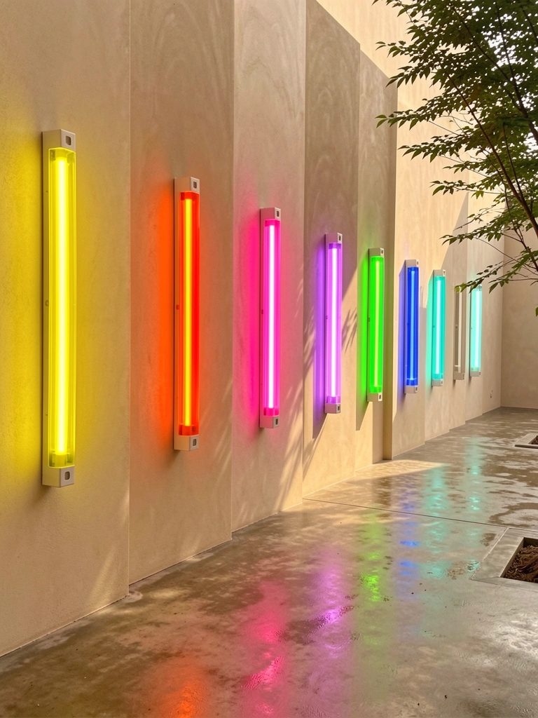 Oito colunas retangulares bege com fitas de LED nas cores do arco-íris, luzes refletindo no piso molhado de concreto, folhas de árvore ao fundo.