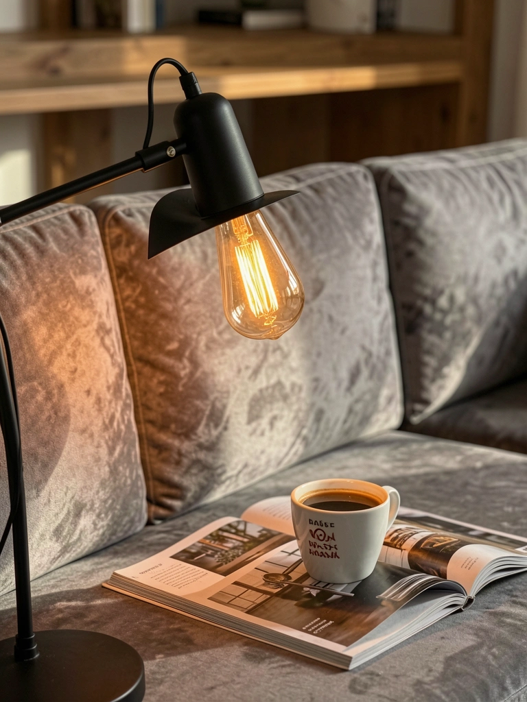 Luminária preta moderna com lâmpada edison iluminando sofá de veludo cinza, xícara de café sobre revista aberta no assento.