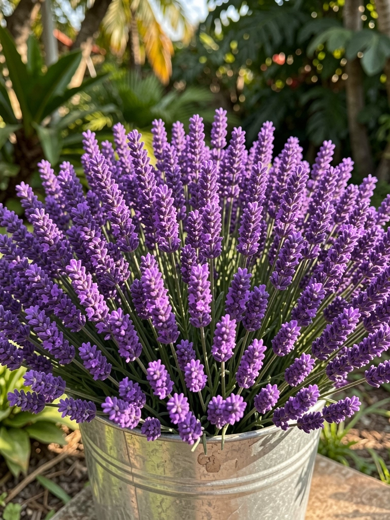 Cesto de metal prateado amassado transbordando com lavandas roxas vibrantes, iluminado por luz natural suave, fundo de jardim tropical desfocado.