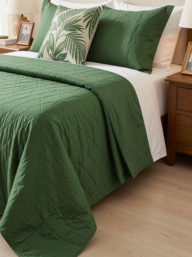 Edredom verde acolchoado com fronha branca e almofada decorativa de folhas, cabeceira de madeira e abajur ao lado, luz natural suave.