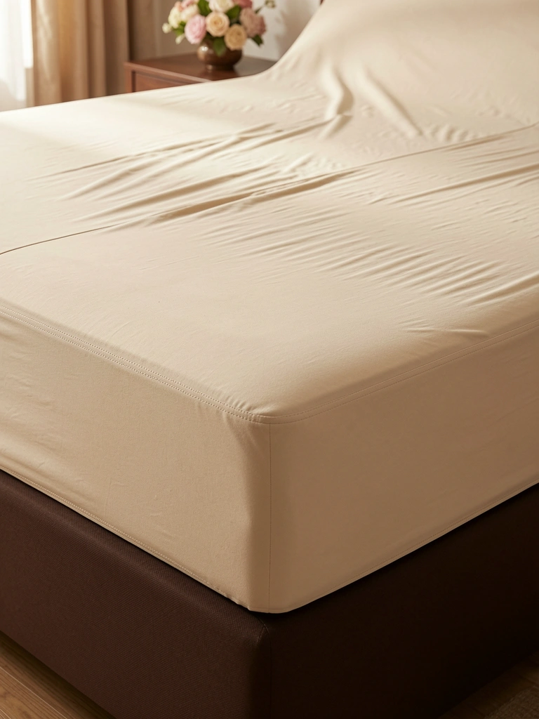 Colcha de algodão bege claro com textura acolchoada sobre base de cama marrom escura, arranjo floral em mesa lateral e luz natural difusa.