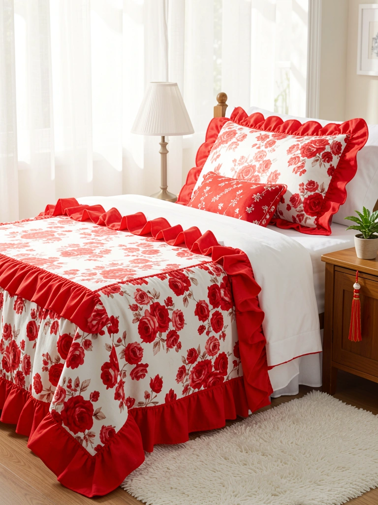 Cama com colcha vermelha de babados e estampa floral, travesseiro com fronha combinando, criado-mudo de madeira com abajur e planta, tapete felpudo branco e luz natural filtrada por cortinas.