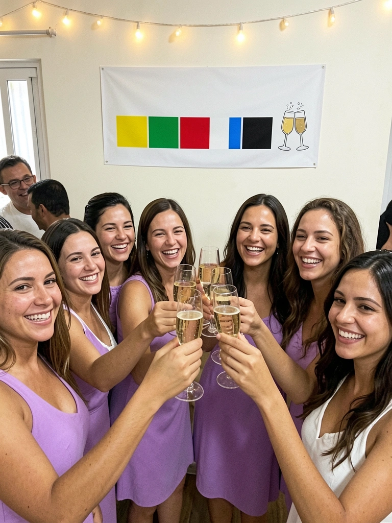 Grupo de pessoas vestindo lilás e branco celebrando na virada do ano com fogos de artifício ao fundo