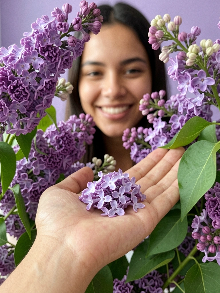 Mão aberta com pétalas lilases caindo sobre fundo suave