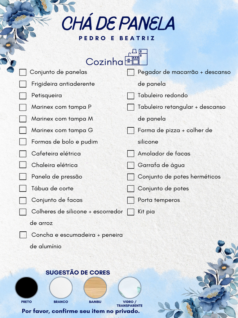 convite chá de panela com lista de presentes