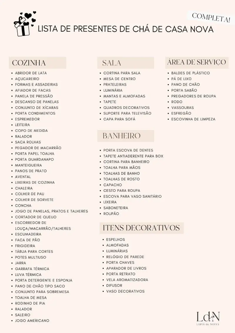 presentes para chá de panela lista