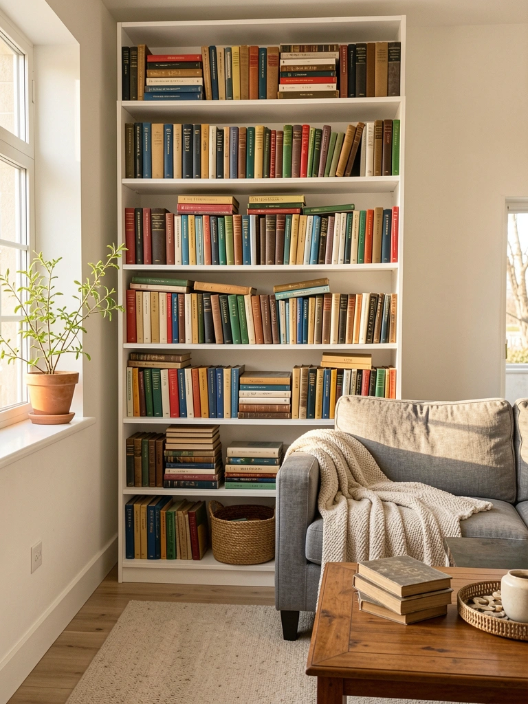 Estante branca abarrotada de livros antigos coloridos, cesto de vime na prateleira inferior, vaso de planta na janela à esquerda e sofá cinza com manta texturizada à frente.