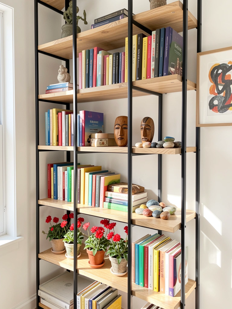 Prateleiras abertas de metal preto e madeira clara com livros, vasos de flores vermelhas e luz natural entrando pela janela.