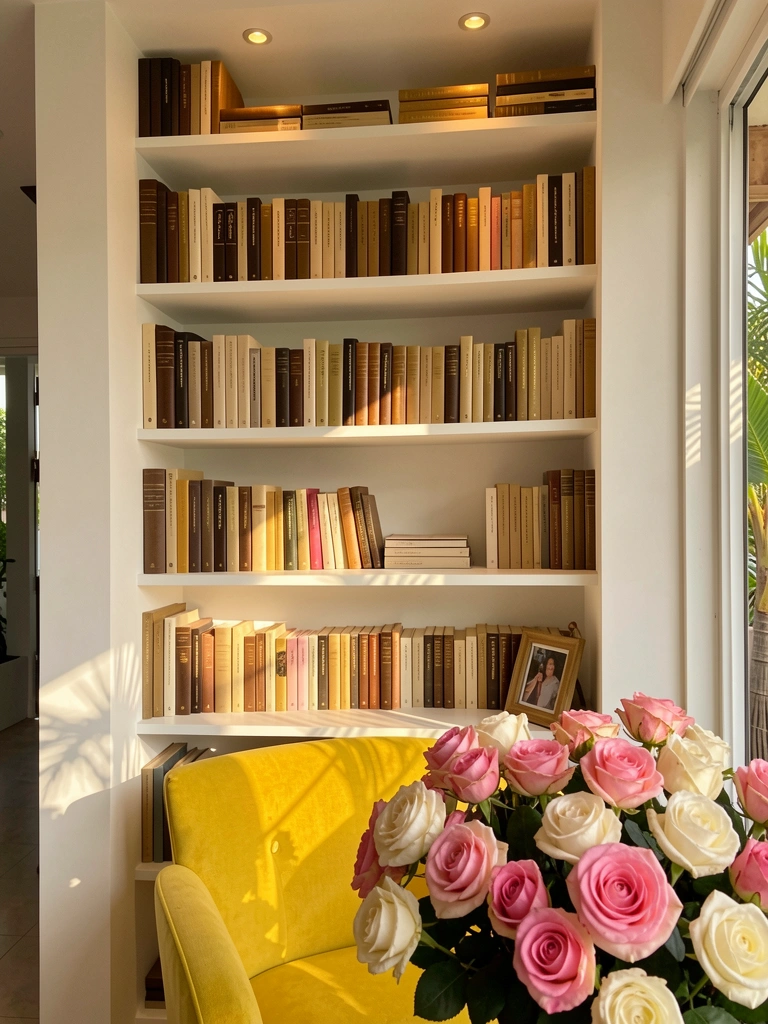 Estante branca com livros em tons terrosos, poltrona amarela e buquê de rosas em vaso, luz natural entrando pela porta.