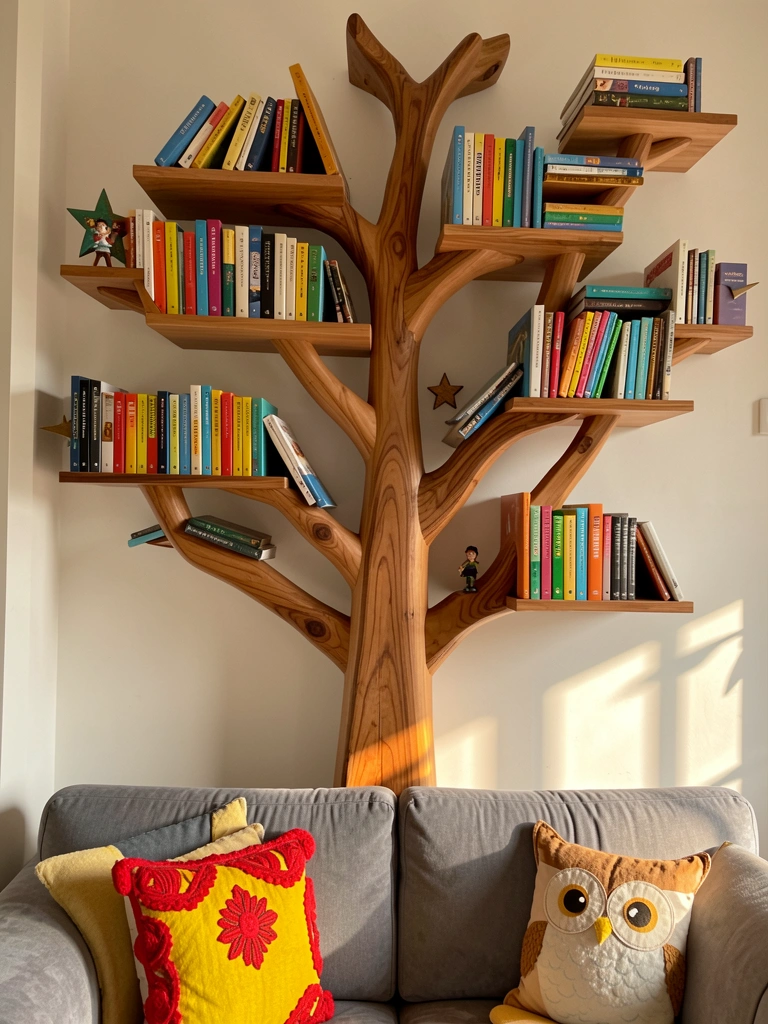 Estante assimétrica de madeira em forma de árvore com livros coloridos, estrela decorativa e sofá cinza com almofada amarela e vermelha.