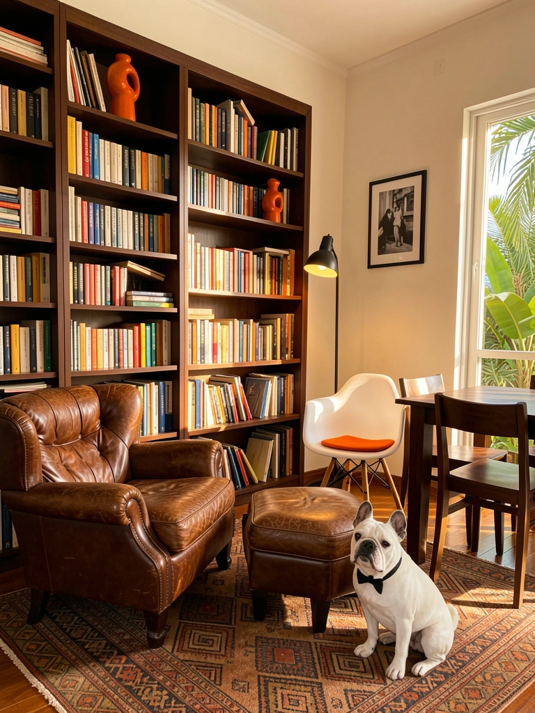 Estante de madeira escura abarrotada de livros coloridos, poltrona de couro marrom com puff, cadeira branca com detalhes laranja e um buldogue branco de gravata borboleta no tapete geométrico.