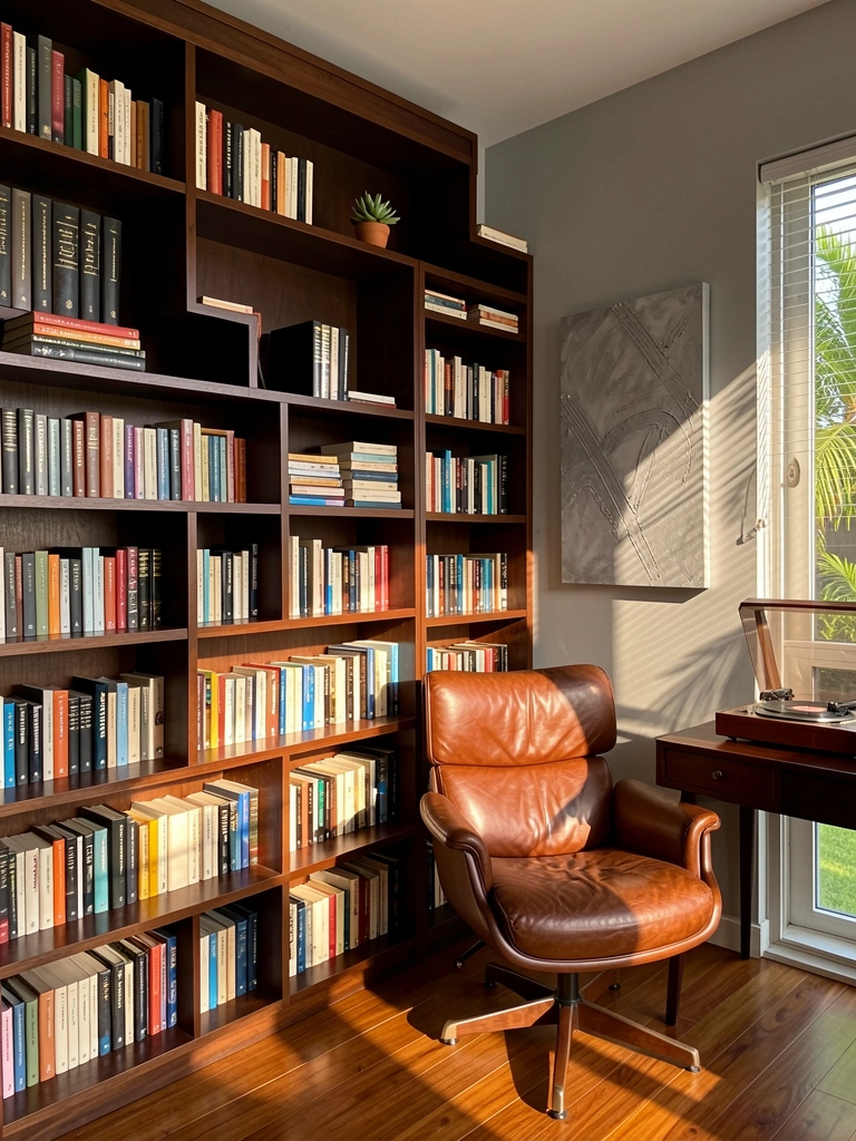 Estante de madeira escura com livros variados, poltrona de couro marrom e vitrola em mesa de madeira, luz natural filtrando por persianas.