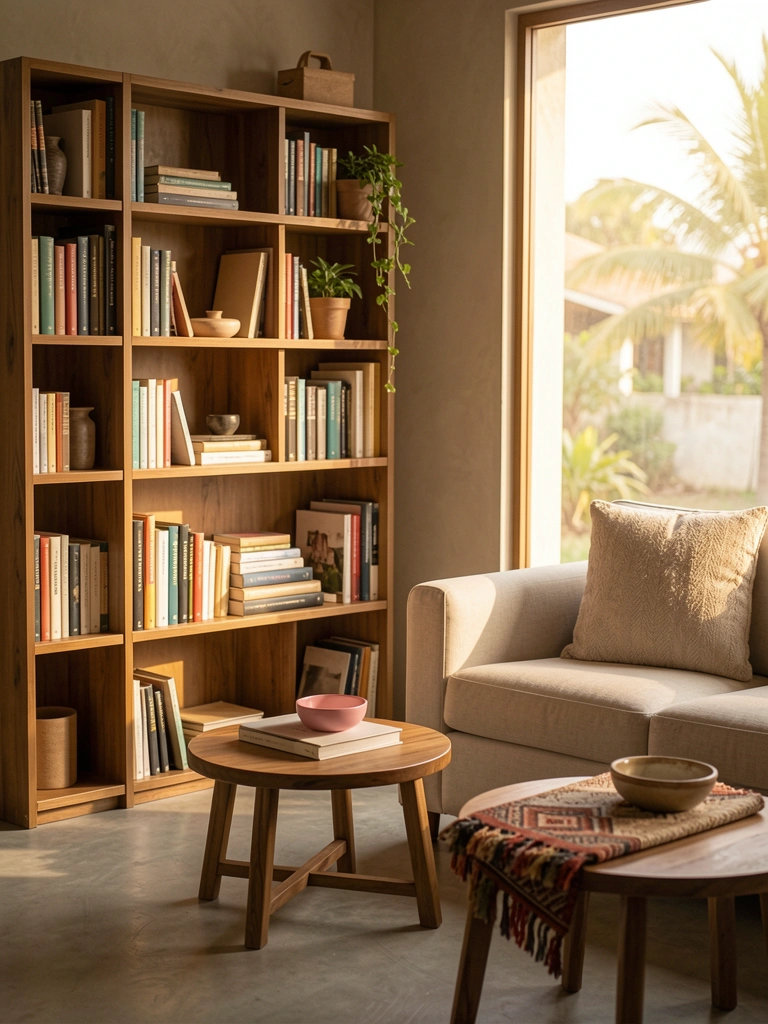 Estante de madeira com livros, vaso de cerâmica e planta, luz natural entrando pela janela, sofá claro ao lado.