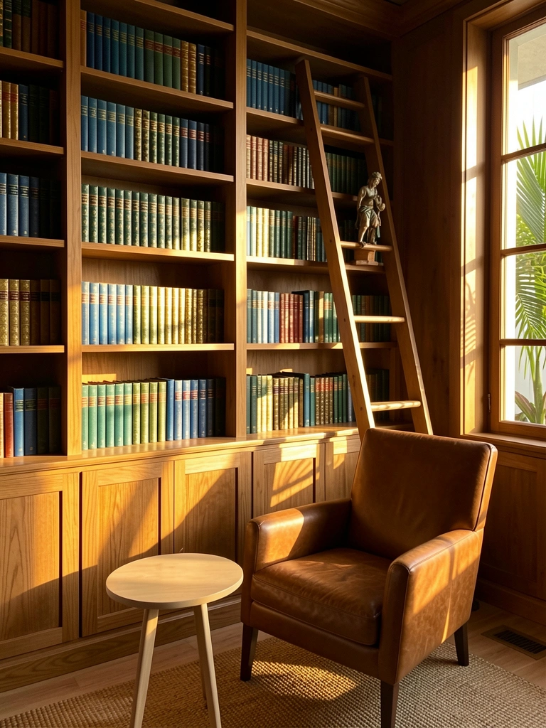 Estante de livros antigos em azul, verde e dourado, com poltrona de couro e mesa redonda clara, luz quente de janela.