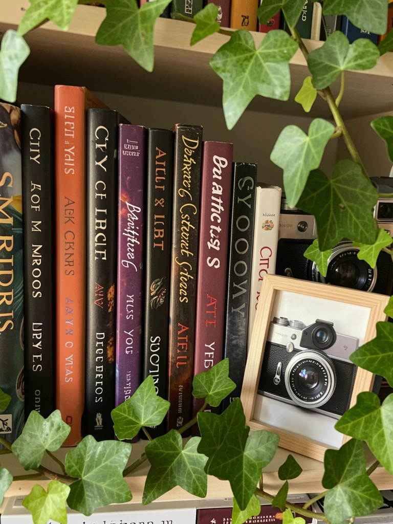 Prateleira com livros empilhados e inclinados, câmera vintage e moldura com foto de câmera, hera verde subindo, luz natural com sombras suaves.
