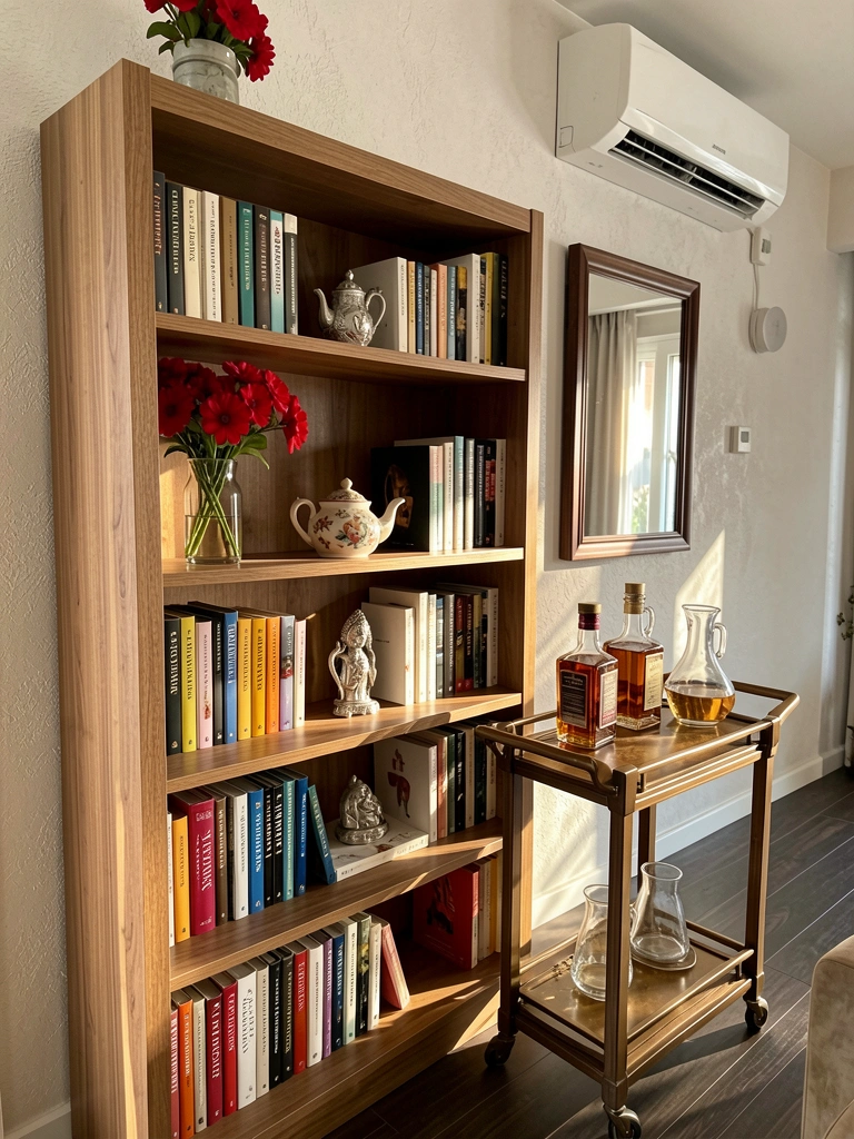Vaso de vidro com flores vermelhas sobre estante de madeira, entre livros e bule de cerâmica, com carrinho de bar e garrafa âmbar à frente, luz natural.