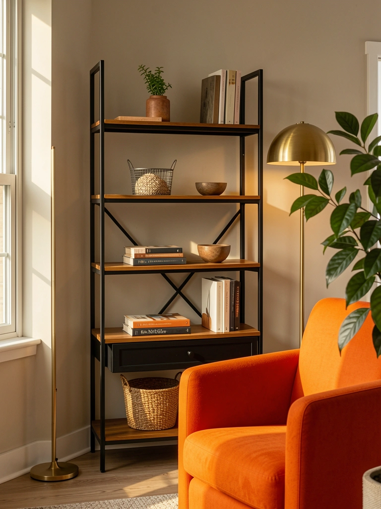 Estante preta de metal com tampo de madeira, cesto de metal trançado, pilha de livros e luminária com cúpula dourada; poltrona laranja e planta verde ao fundo.