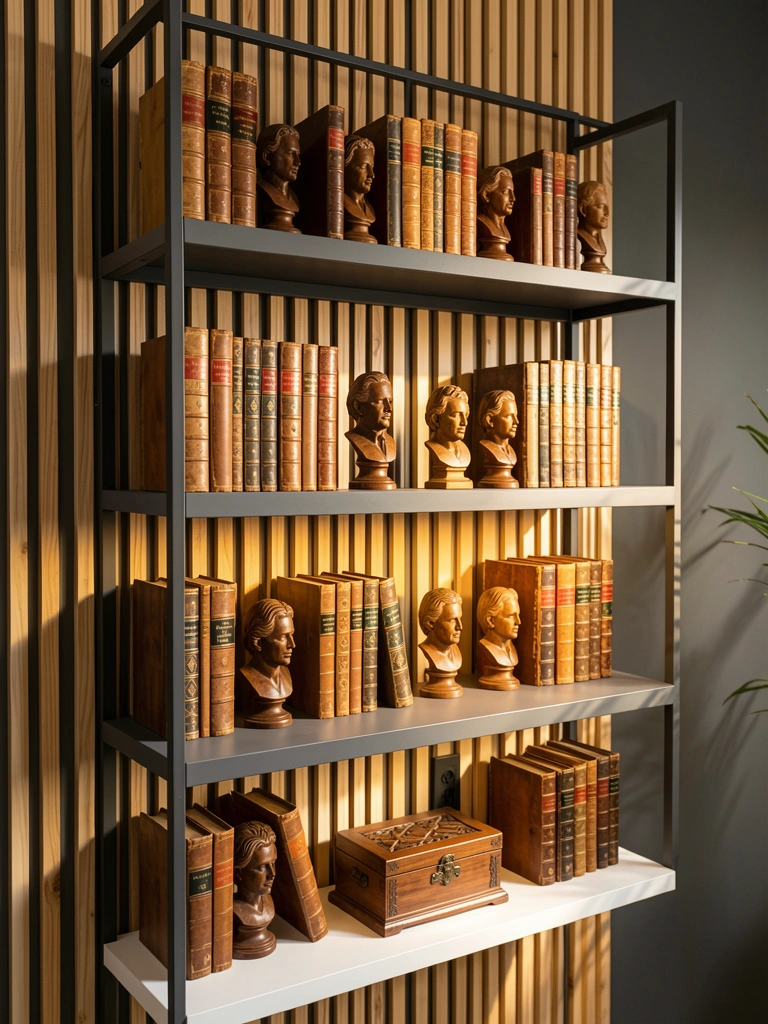 Prateleiras de metal preto e madeira cinza exibem livros antigos e bustos de madeira, com luz quente destacando texturas.