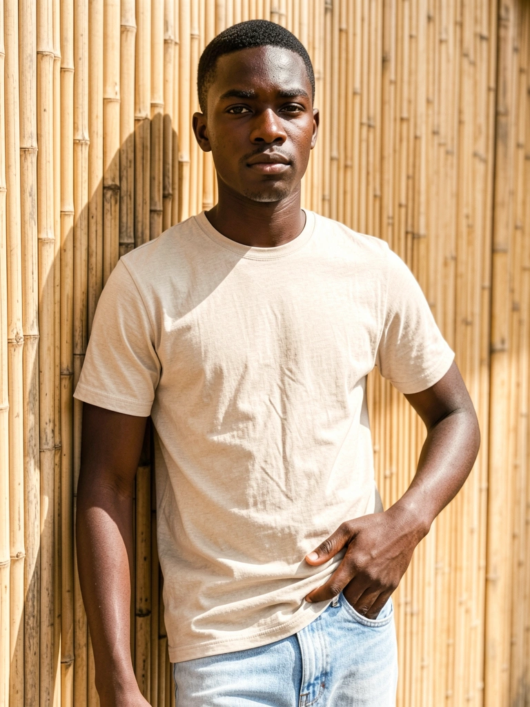 Homem negro jovem com camiseta bege e jeans claro encostado em parede texturizada de bambu, luz natural suave.