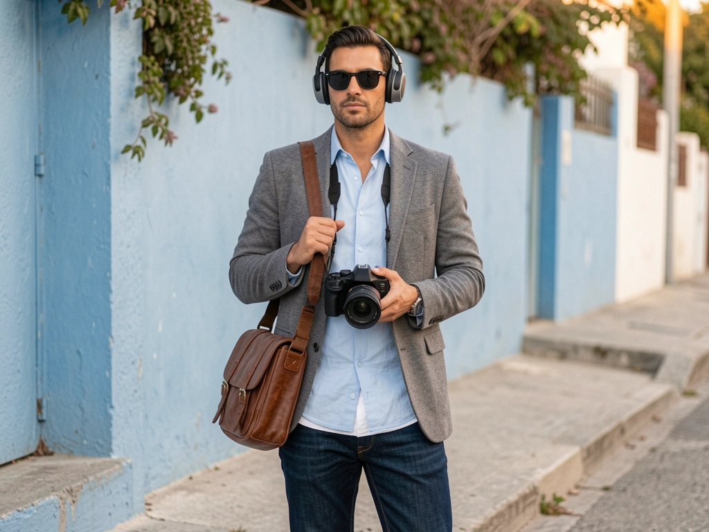 Homem de camisa azul-clara e óculos escuros segura câmera preta e fone de ouvido, com bolsa de couro marrom a tiracolo, em degrau de concreto com parede azul e folhagens ao fundo, luz suave de fim de tarde.