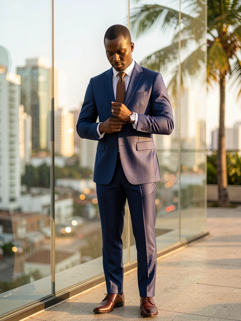 Homem negro de terno azul marinho ajusta gravata e abotoaduras diante de vidraça que reflete o horizonte da cidade, luz natural suave.