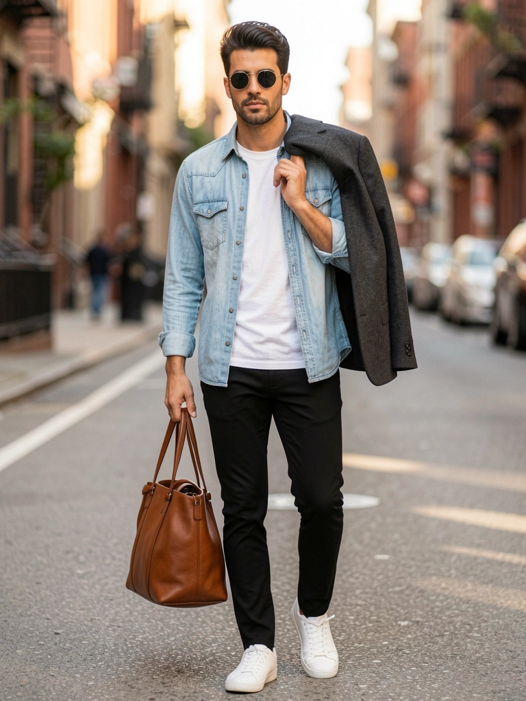 Homem com camisa jeans azul claro e blazer cinza pendurado no ombro, segurando bolsa de couro marrom, rua urbana desfocada com luz natural.