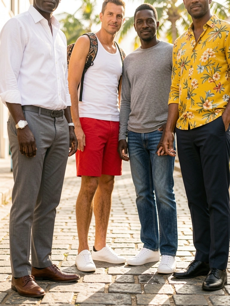 Quatro homens em rua de paralelepípedos, luz natural, um de camisa branca e calça cinza, outro de bermuda vermelha e mochila estampada, terceiro de camisa cinza e jeans, quarto de camisa floral amarela.