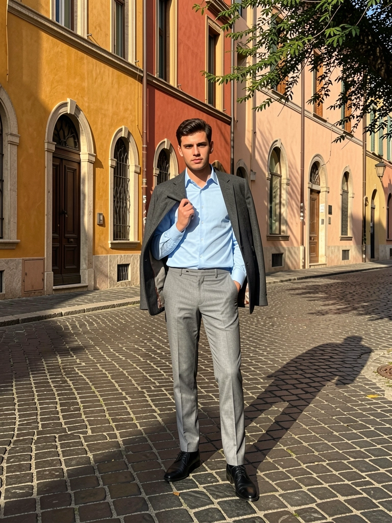 Jovem em camisa azul e blazer cinza sobre ombros em rua de paralelepípedos, prédios ocre e terracota ao fundo, luz solar criando sombras longas.