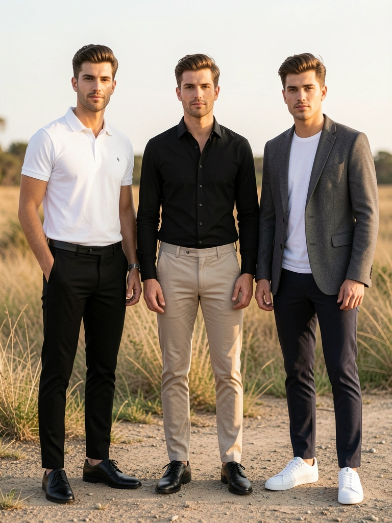 Três homens em roupas casuais: polo branco, camisa preta e blazer cinza, calças slim bege, sapatos e tênis, luz natural.