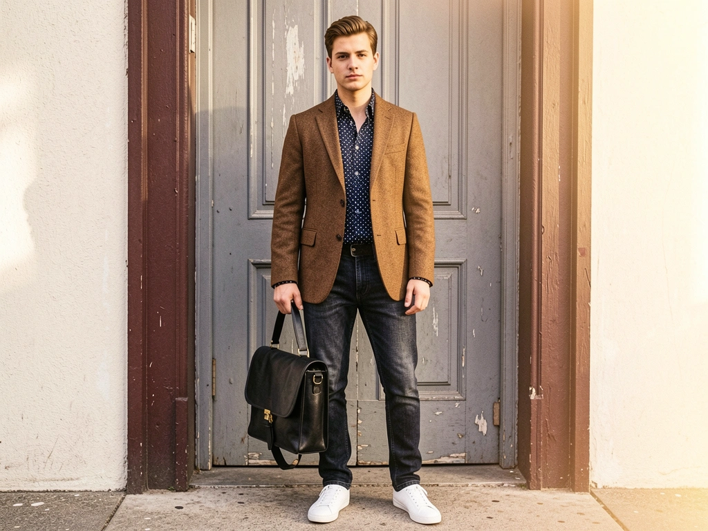 Jovem de blazer tweed marrom e camisa poá azul escura segurando bolsa de couro preta, porta cinza desgastada ao fundo, luz natural diáfana.