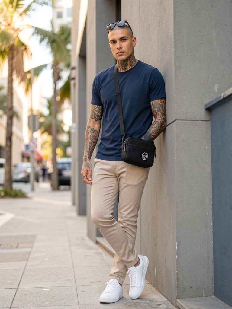 Homem careca com tatuagens nos braços e pescoço, camiseta azul escura, calça bege e tênis branco, encostado em fachada cinza, segurando bolsa preta, óculos na cabeça, luz natural quente e fundo urbano desfocado.